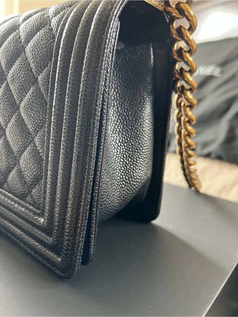 CHANEL Black Quilted Boy Bag with Gold-Tone Hardware